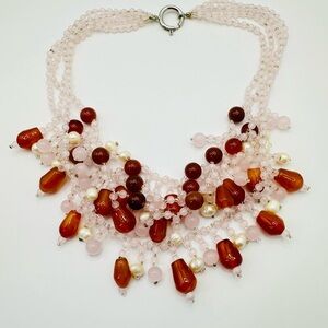 Rare Vintage Carnelian Rose Quartz Pearl Necklace